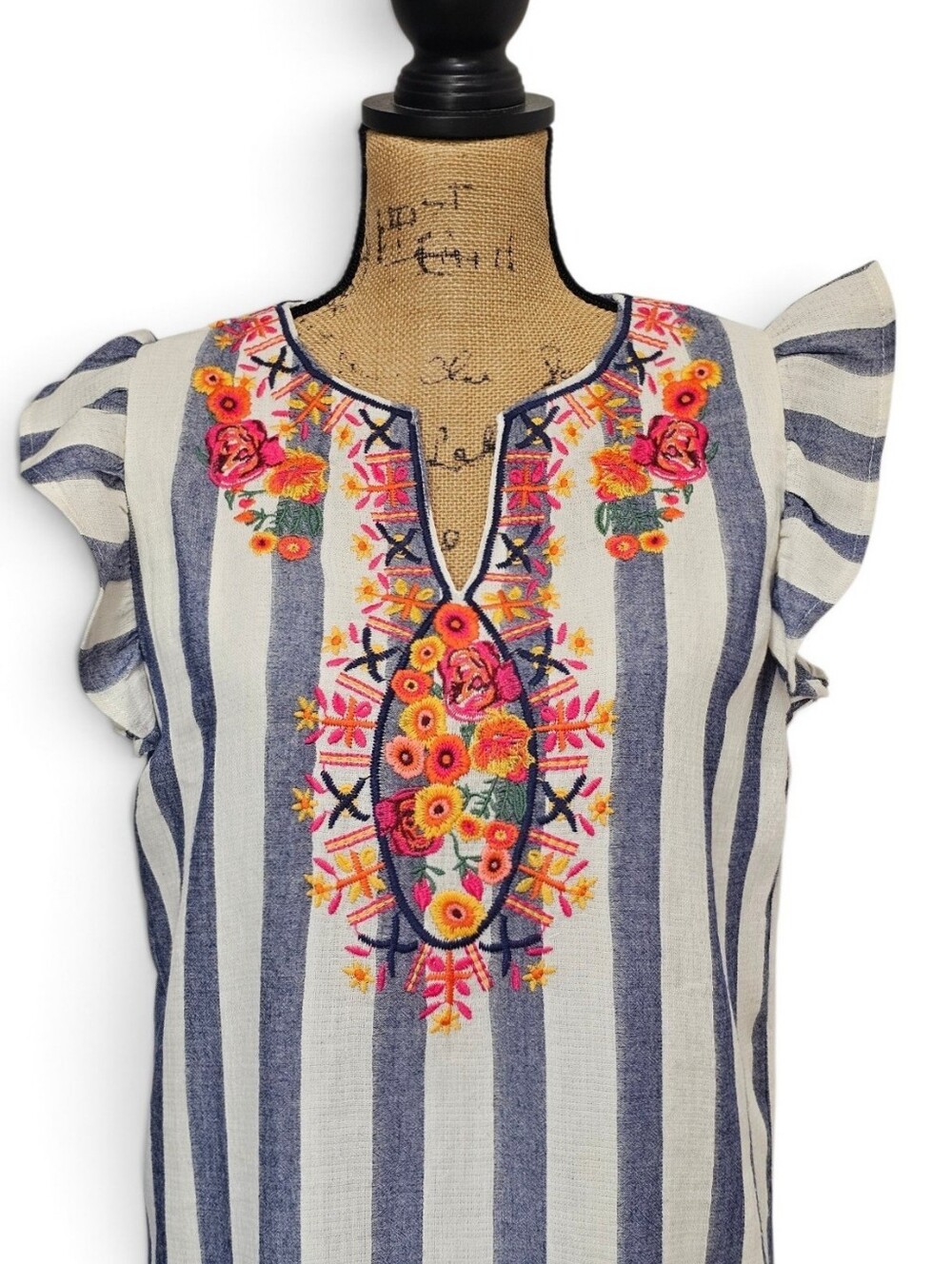 THML Boho Embroidered Floral Blue & White Striped Flutter-Sleeve Shift Dress, M - Picture 2 of 7